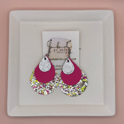 LINDSEY -  Leather Earrings  || <BR> METALLIC SILVER SMOOTH,  <BR> MATTE NEON PINK, <BR> NEON PINK & YELLOW GLITTER (FAUX LEATHER)