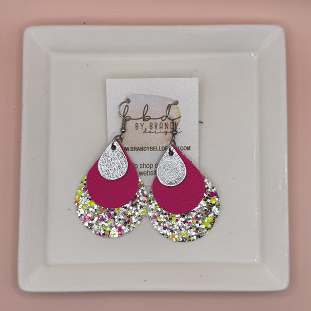 LINDSEY -  Leather Earrings  || <BR> METALLIC SILVER SMOOTH,  <BR> MATTE NEON PINK, <BR> NEON PINK & YELLOW GLITTER (FAUX LEATHER)
