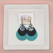 LINDSEY -  Leather Earrings  || <BR> PURPLE FLORAL CHEETAH,  <BR> BLACK PALMS, <BR> AQUA PALMS