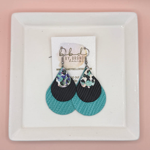 LINDSEY -  Leather Earrings  || <BR> PURPLE FLORAL CHEETAH,  <BR> BLACK PALMS, <BR> AQUA PALMS