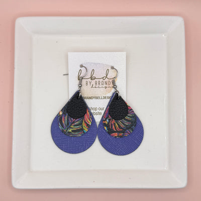 LINDSEY -  Leather Earrings  || <BR> MATTE BLACK,  <BR> MULTICOLOR PALMS ON BLACK, <BR> PERIWINKLE SAFFIANO