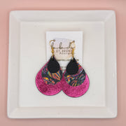 LINDSEY -  Leather Earrings  || <BR> MATTE BLACK,  <BR> MULTICOLOR PALMS ON BLACK, <BR> METALLIC PINK SMOOTH