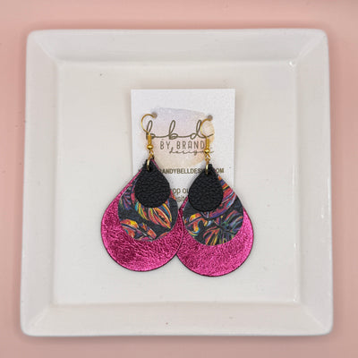 LINDSEY -  Leather Earrings  || <BR> MATTE BLACK,  <BR> MULTICOLOR PALMS ON BLACK, <BR> METALLIC PINK SMOOTH