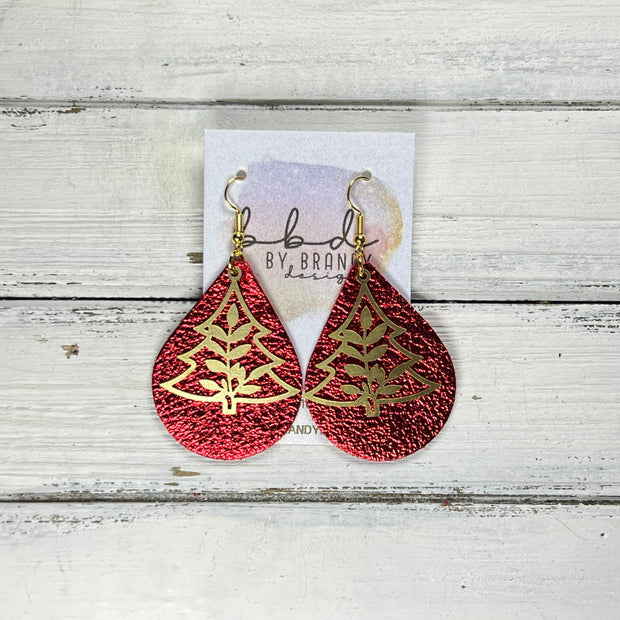 SUEDE + STEEL *Limited Edition* COLLECTION || Leather Earrings ||  <br> ORNATE METAL CHRISTMAS TREE || <br> METALLIC RED PEBBLED