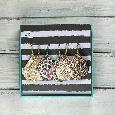 3pk *MINI* ZOEY GIFT BOX! (Mini Size) Leather Earrings <br> METALLIC ROSE GOLD MYSTIC, <BR>FLORAL LEOPARD,<BR> METALLIC ROSE GOLD PEBBLED