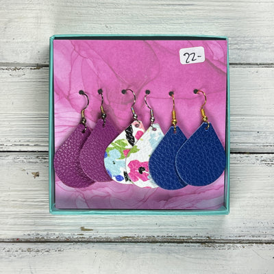 3pk *MINI* ZOEY GIFT BOX! (Mini Size) Leather Earrings <br> MATTE FUCHSIA, <BR>MULTICOLOR FLORAL,<BR> MATTE COBALT BLUE