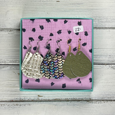 3pk *MINI* ZOEY GIFT BOX! (Mini Size) Leather Earrings <br> METALLIC CHAMPAGNE PANAMA WEAVE, <BR>ANTIQUE MERMAID,<BR> OLIVE GREEN SAFFIANO