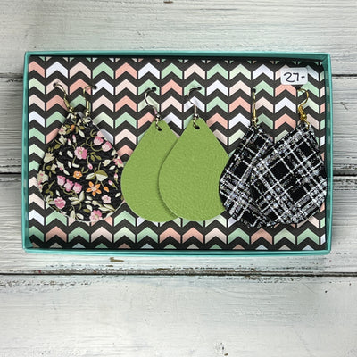 3pk  *ORIGINAL* ZOEY GIFT BOX! Leather Earrings <br> TINY FLORAL ON BLACK, <br> MATTE GREEN, <BR> BLACK & WHITE PLAID