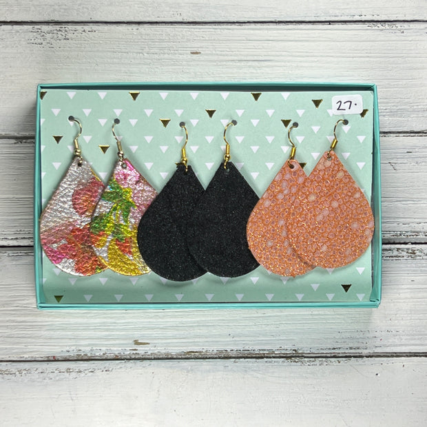 3pk  *ORIGINAL* ZOEY GIFT BOX! Leather Earrings <br> METALLIC TROPICAL FLORAL, <br> SHIMMER BLACK, <BR> ORANGE STINGRAY