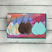 3pk  *ORIGINAL* ZOEY GIFT BOX! Leather Earrings <br> SHERBERT SPLASH, <br> METALLIC ROSE GOLD SMOOTH, <BR> AQUA SAFFIANO