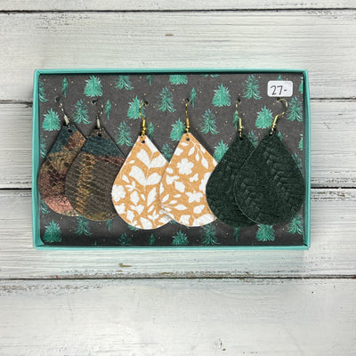 3pk  *ORIGINAL* ZOEY GIFT BOX! Leather Earrings <br> METALLIC TEAL/BROWN PATTERN, <br> MUSTARD AND WHITE FLORAL, <BR> HUNTER GREEN BRAID