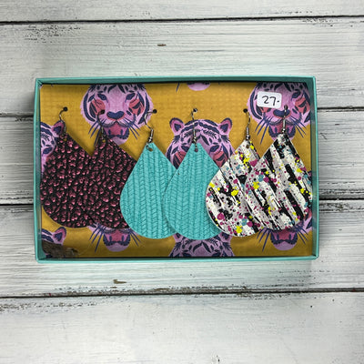 3pk  *ORIGINAL* ZOEY GIFT BOX! Leather Earrings <br> METALLIC FUCHSIA BISON, <br> AQUA PALMS, <BR> PAINT SPLATTER ON STRIPES