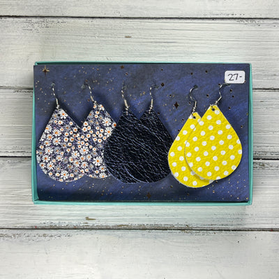 3pk  *ORIGINAL* ZOEY GIFT BOX! Leather Earrings <br> NAVY BLUE DAISY FLORAL, <br> METALLIC NAVY PEBBLED, <BR> YELLOW & WHITE POLKADOTS