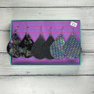 3pk  *ORIGINAL* ZOEY GIFT BOX! Leather Earrings <br> IRIDESCENT NORTHERN LIGHTS ON BLACK, <br> MATTE BLACK, <BR> ANTIQUE MERMAID