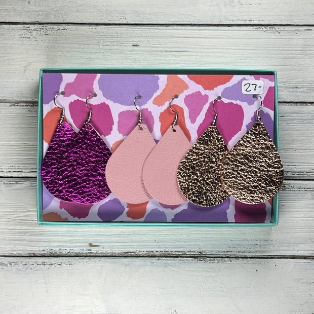 3pk  *ORIGINAL* ZOEY GIFT BOX! Leather Earrings <br> METALLIC NEON PINK PEBBLED, <br> MATTE PINK, <BR> METALLIC ROSE GOLD PEBBLED