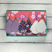 3pk  *ORIGINAL* ZOEY GIFT BOX! Leather Earrings <br> SHIMMER LAVENDER, <br> PURPLE & RED FLORAL, <BR> FINE WHITE GLITTER ON CORK