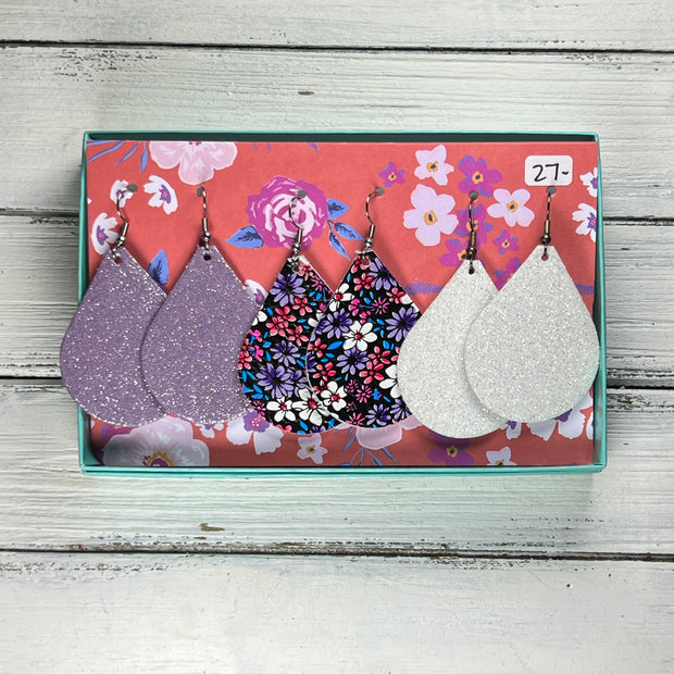 3pk  *ORIGINAL* ZOEY GIFT BOX! Leather Earrings <br> SHIMMER LAVENDER, <br> PURPLE & RED FLORAL, <BR> FINE WHITE GLITTER ON CORK