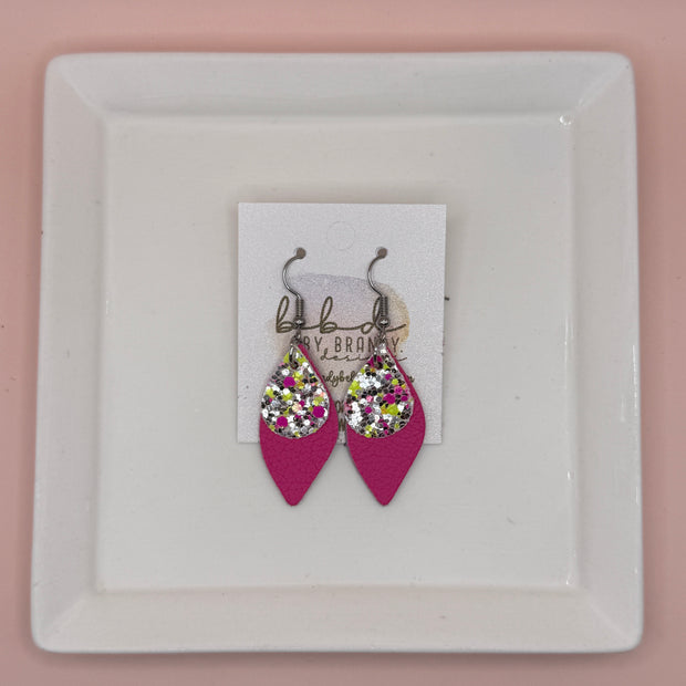 JEAN -  Leather Earrings  || <BR> NEON PINK & YELLOW GLITTER (FAUX LEATHER), <BR> MATTE NEON PINK