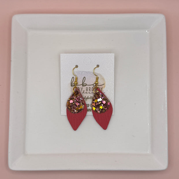 JEAN -  Leather Earrings  || <BR> PINK & GOLD GLITTER (FAUX LEATHER), <BR> SALMON PALMS