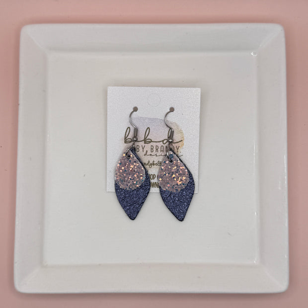 JEAN -  Leather Earrings  || <BR> GLAMOUR GLITTER (FAUX LEATHER), <BR> METALLIC NAVY PEBBLED