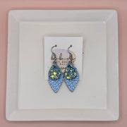 JEAN -  Leather Earrings  || <BR> OCEAN GLITTER (FAUX LEATHER), <BR> METALLIC LIGHT BLUE PEBBLED