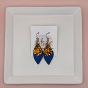 JEAN -  Leather Earrings  || <BR> ORANGE GLITTER (FAUX LEATHER), <BR> MATTE COBALT BLUE