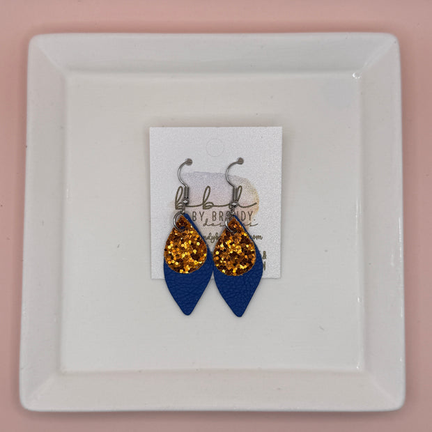 JEAN -  Leather Earrings  || <BR> ORANGE GLITTER (FAUX LEATHER), <BR> MATTE COBALT BLUE