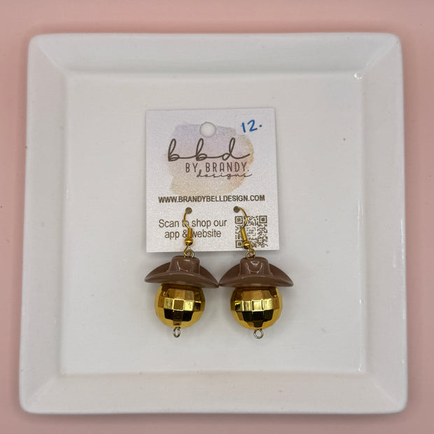 COWBOY DISCO BALLS - HANDMADE EARRINGS ||  BROWN HAT + GOLD DISCO BALL