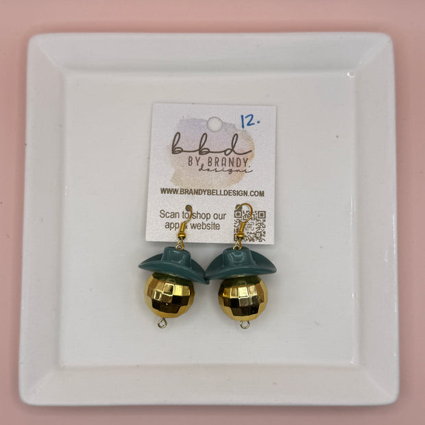 COWBOY DISCO BALLS - HANDMADE EARRINGS ||  GREEN HAT + GOLD DISCO BALL
