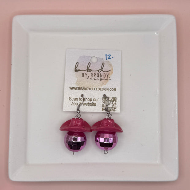COWBOY DISCO BALLS - HANDMADE EARRINGS ||  PINK HAT + LIGHT PINK DISCO BALL