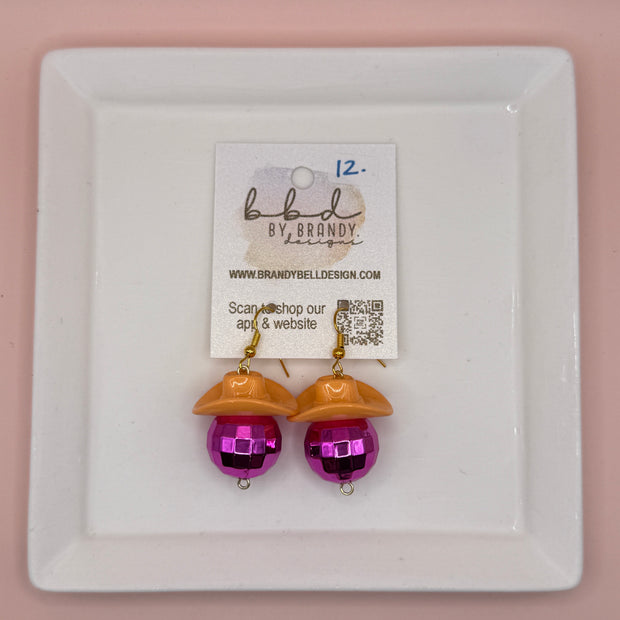 COWBOY DISCO BALLS - HANDMADE EARRINGS ||  ORANGE HAT + PINK DISCO BALL