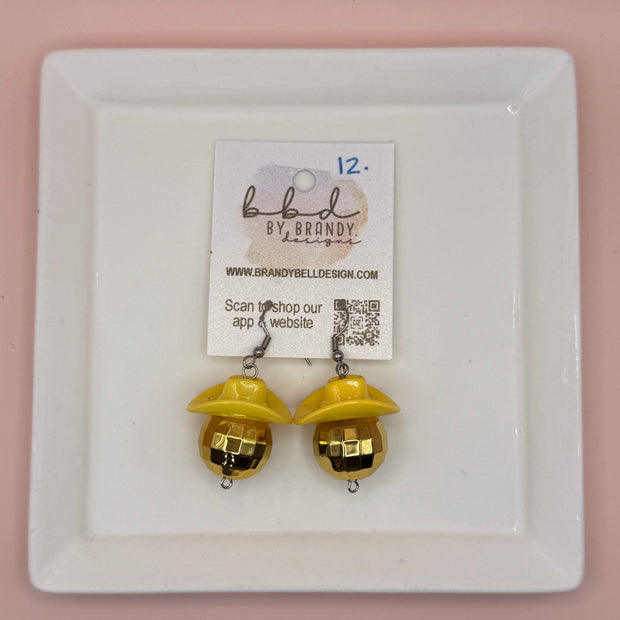 COWBOY DISCO BALLS - HANDMADE EARRINGS ||  YELLOW HAT + YELLOW DISCO BALL
