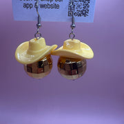 COWBOY DISCO BALLS - HANDMADE EARRINGS ||  PINK HAT + LIGHT PINK DISCO BALL