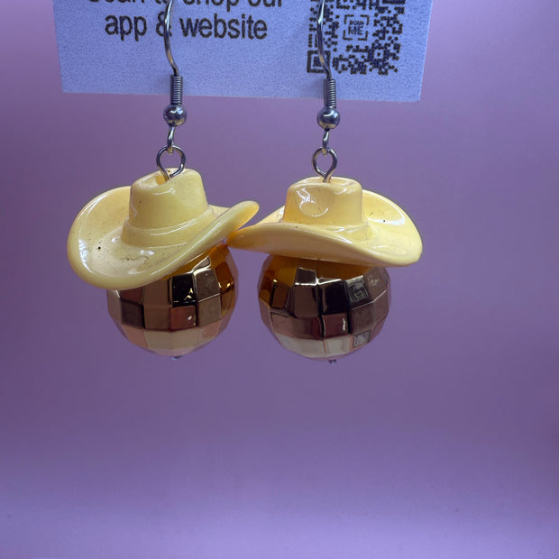 COWBOY DISCO BALLS - HANDMADE EARRINGS ||  PINK HAT + LIGHT PINK DISCO BALL