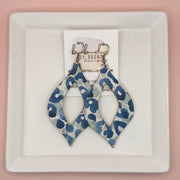 WREN - Leather Earrings  ||  BLUE & SAGE CHEETAH PRINT (LEATHER ON CORK)