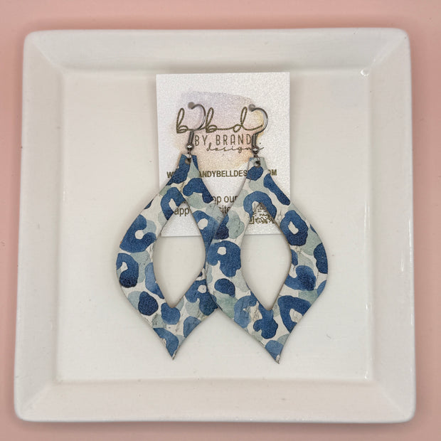 WREN - Leather Earrings  ||  BLUE & SAGE CHEETAH PRINT (LEATHER ON CORK)