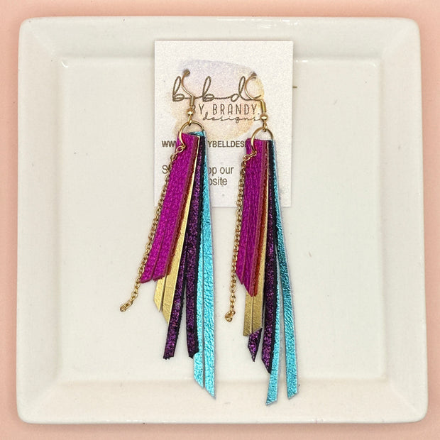 STEVIE - Leather Earrings  || (*2 SIZES AVAILABLE) METALLIC NEON PINK PEBBLED, METALLIC GOLD SMOOTH, SHIMMER FUCHSIA, METALLIC AQUA SMOOTH (CHOOSE CHAIN FINISH)