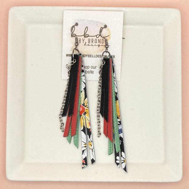 STEVIE - Leather Earrings  || (*2 SIZES AVAILABLE) MATTE BLACK, MATTE CORAL/PINK, MINT GREEN PALMS, FLORAL ON BLACK (CHOOSE CHAIN FINISH)