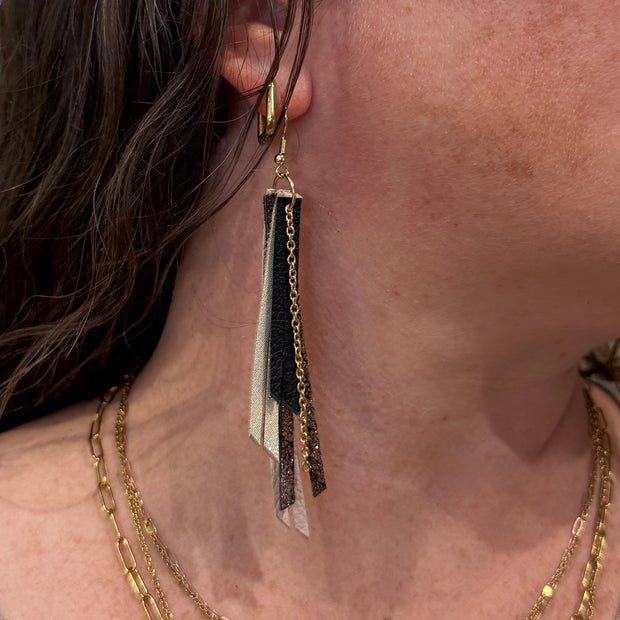 STEVIE - Leather Earrings  || (*2 SIZES AVAILABLE) MATTE BLACK, SHIMMER GOLD, SHIMMER COPPER ON BLACK, MATTE BLUSH PINK  (CHOOSE CHAIN FINISH)