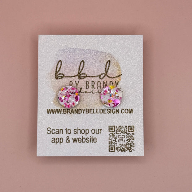Poppy (10mm) - Glitter Stud Earrings *thicker, glitter on cork - CHUNKY TAFFY- PINK, WHITE & GOLD