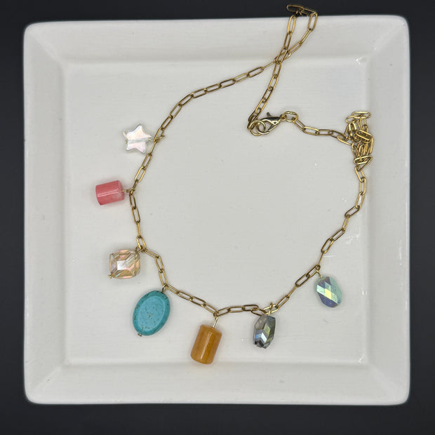 19" CHARM NECKLACE- Stainless Steel Paperclip Chain- TURQUOISE, MUSTARD, CORAL & CLEAR