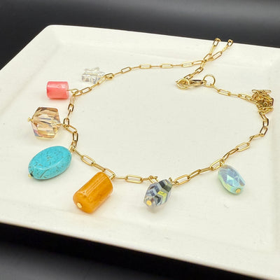 19" CHARM NECKLACE- Stainless Steel Paperclip Chain- TURQUOISE, MUSTARD, CORAL & CLEAR