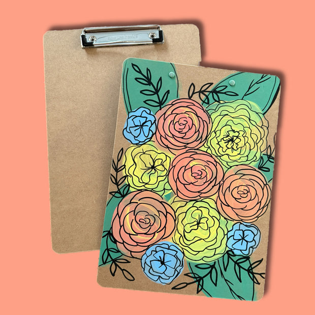 Hand-Painted Clipboard by Brandy Bell - Yellow, Blue & Coral Flowers