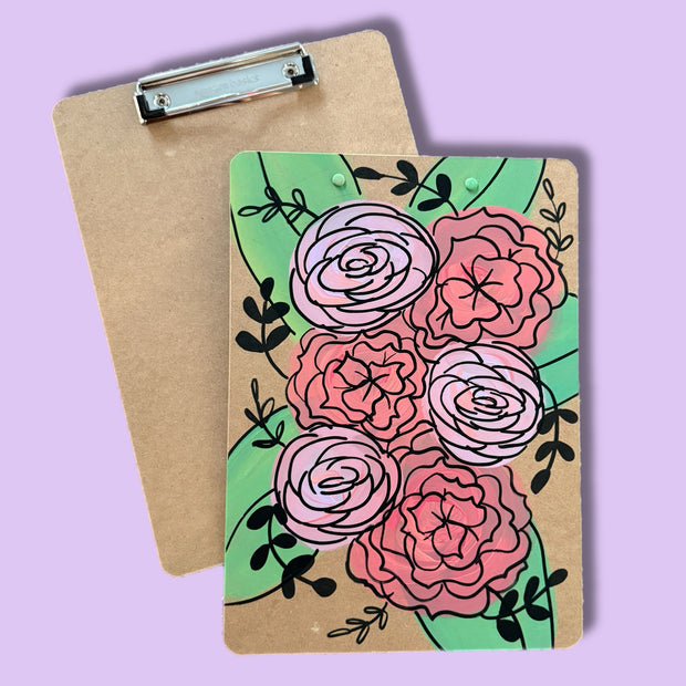 Hand-Painted Clipboard by Brandy Bell - Coral & Light Pink Flowers