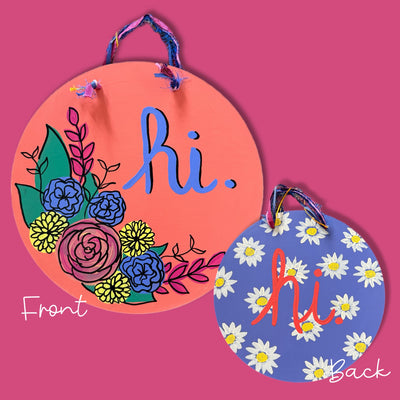 DOUBLE SIDED Wooden Hand-Painted Sign by Brandy Bell - Purple with Daisy + Coral with Floral