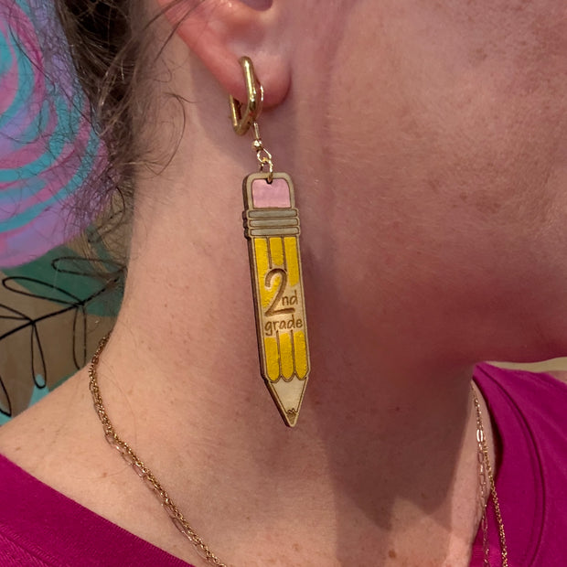 HAND-PAINTED PENCIL EARRING ||  <br> Wood earrings by Brandy Bell <br> Choose Your Grade