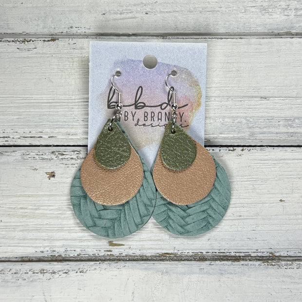LINDSEY -  Leather Earrings  ||   <BR> PEARLIZED OLIVE, <BR> PEARLIZED PINK, <BR> DUSTY AQUA BRAID