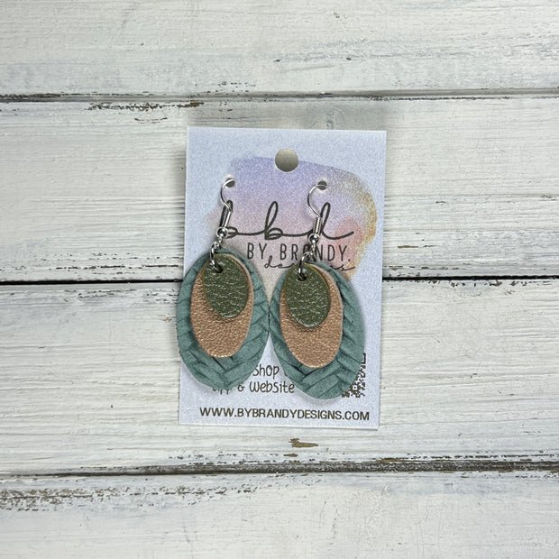 DIANE -  Leather Earrings  ||   <BR> PEARLIZED OLIVE, <BR> PEARLIZED PINK, <BR> DUSTY AQUA BRAID