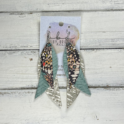 ANDY -  Leather Earrings  ||   <BR> BUTTERFLY WINGS, <BR> DUSTY AQUA BRAID, <BR> METALLIC CHAMPAGNE PANAMA WEAVE