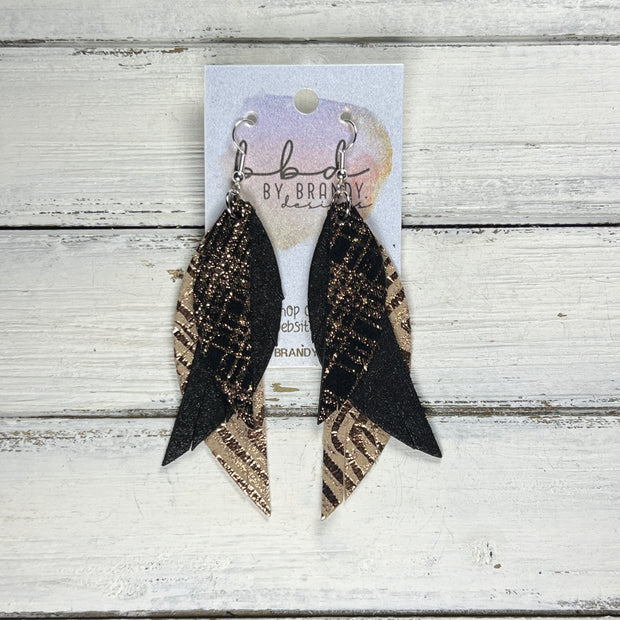 ANDY -  Leather Earrings  ||   <BR> ROSE GOLD PLAID ON BLACK, <BR> SHIMMER BLACK, <BR> ROSE GOLD STRIPES